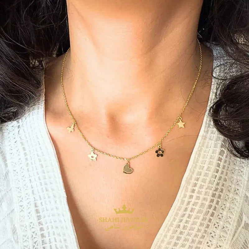 Dangling 18k Yellow Gold Charm Necklace - NECKLACE