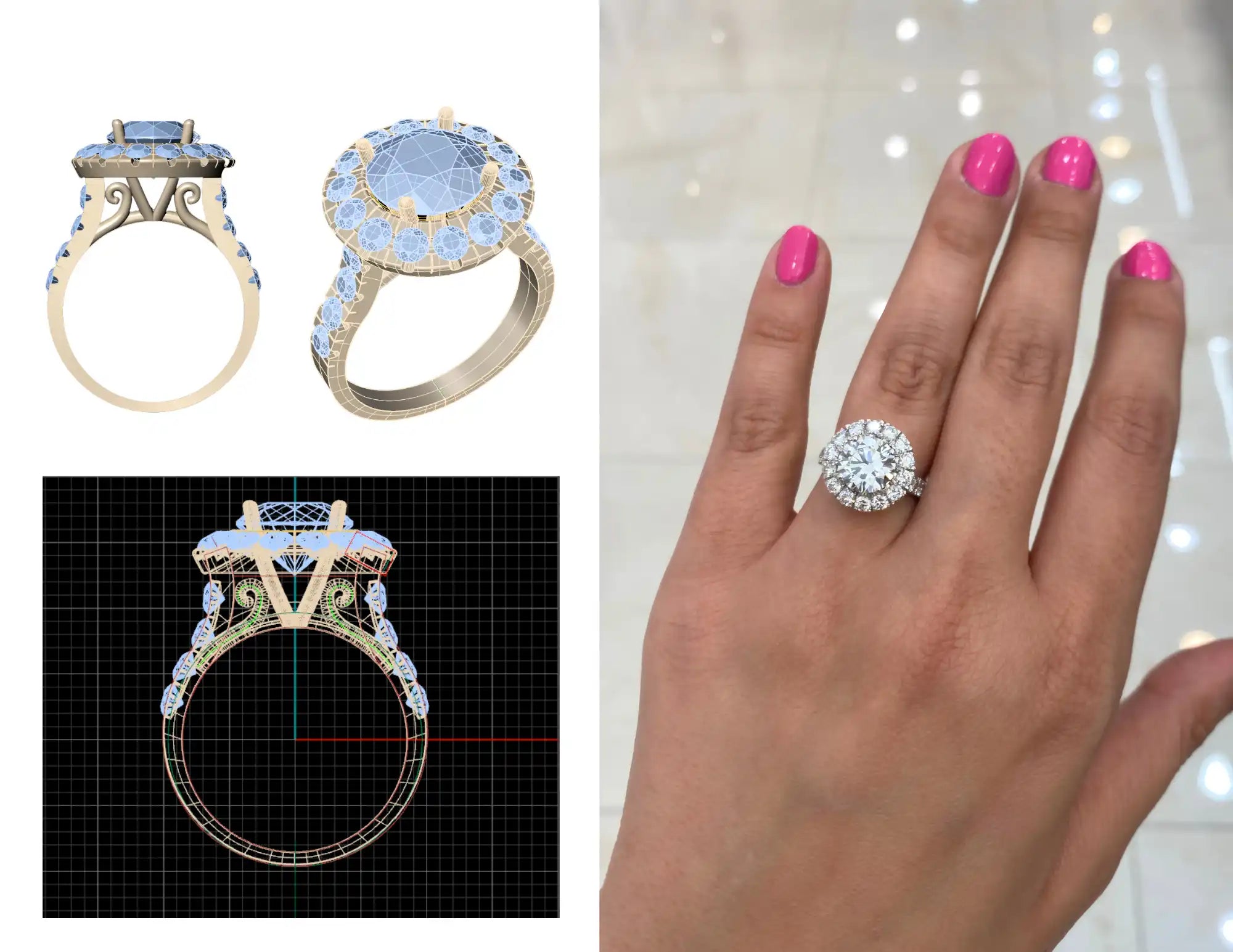 Diamond halo engagement ring.