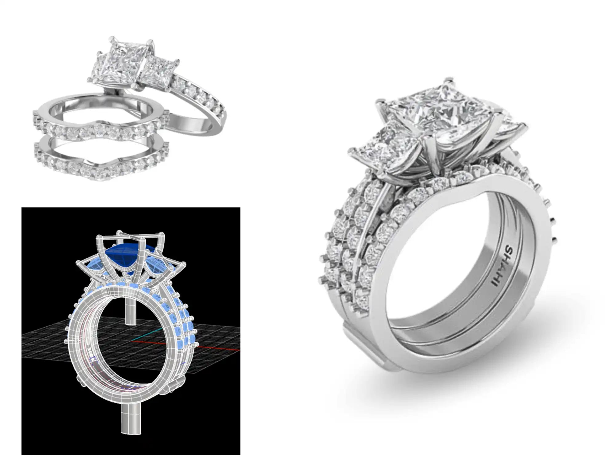 Diamond-studded three-piece wedding ring set.