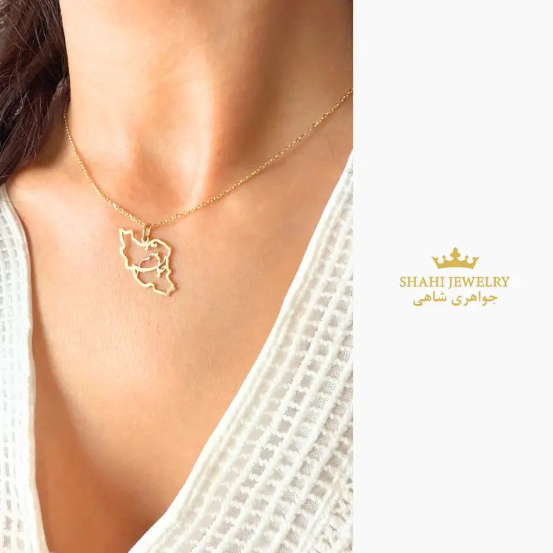 Persian Calligraphy 18K Solid Gold Iran Map Pendant