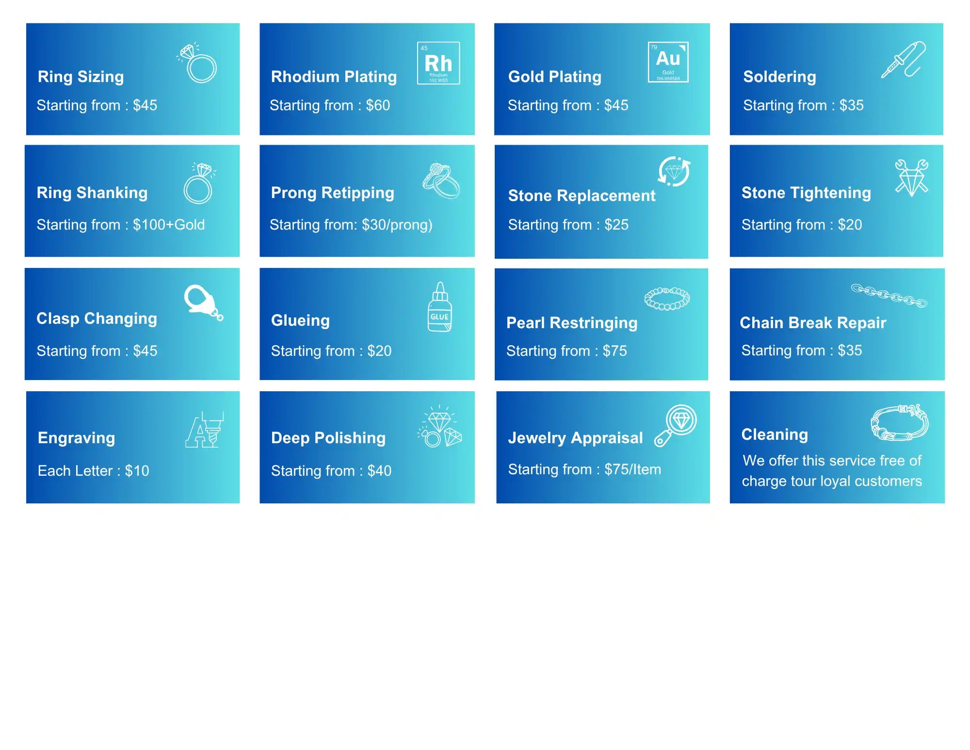 A price list for jewelry repair and maintenance services.