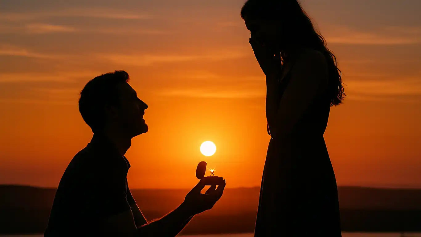 A silhouetted marriage proposal at sunset.