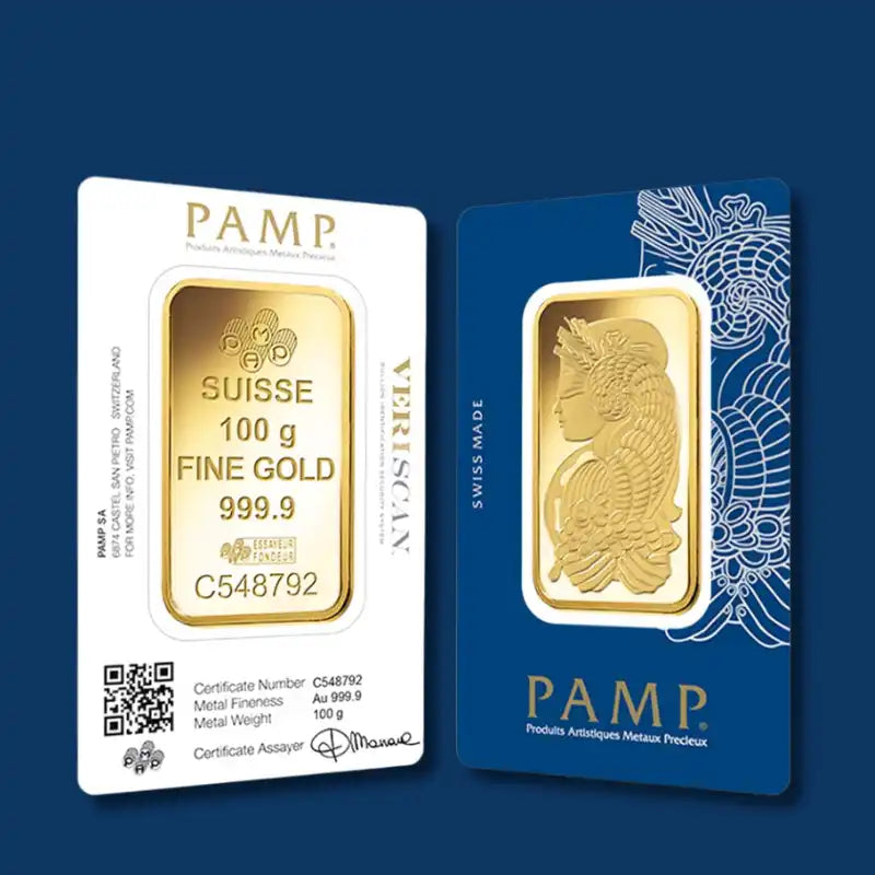 Two packaged gold bars, one displaying its front with specifications and the other its back with an artistic design.