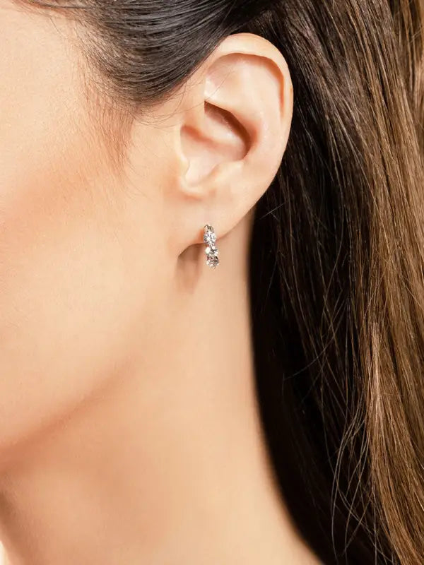 Three Stone Diamond Hoop Earrings in White Yellow 18K or 14K