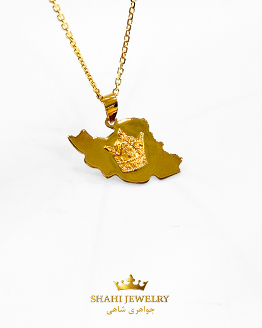 Gold necklace with a pendant shaped like Iran's map, featuring an engraved crown design