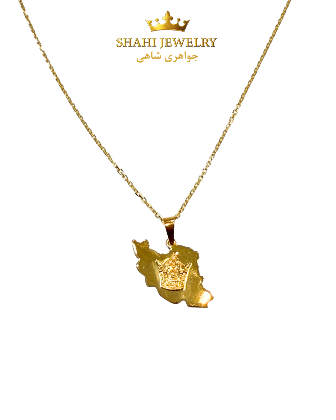 Gold necklace with a pendant shaped like Iran's map, featuring an engraved crown design

