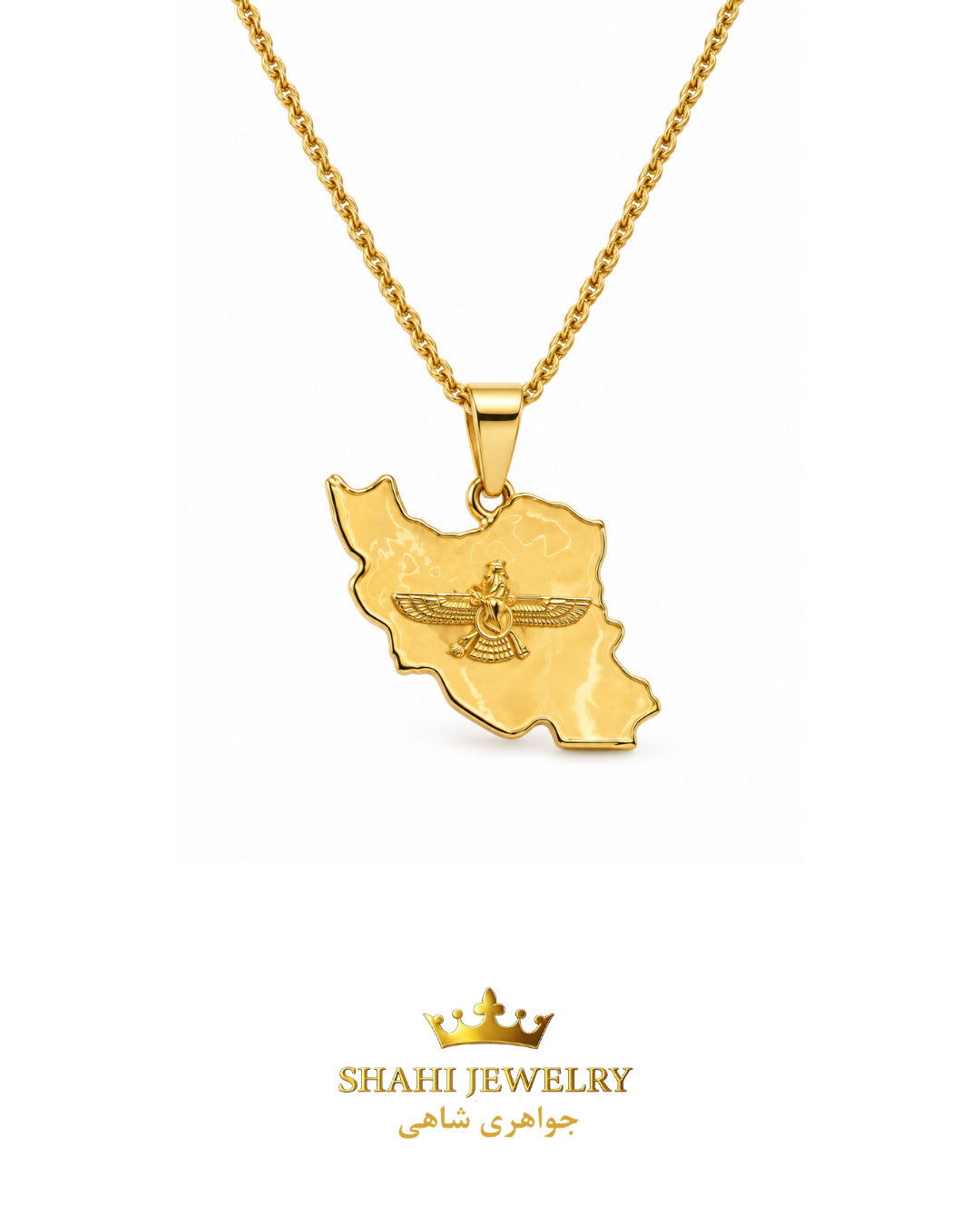 18K Gold Map of Iran with Farvahar (Ahura Mazda) Symbol Pendant
