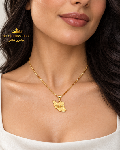 18K Gold Map of Iran with Farvahar (Ahura Mazda) Symbol Pendant