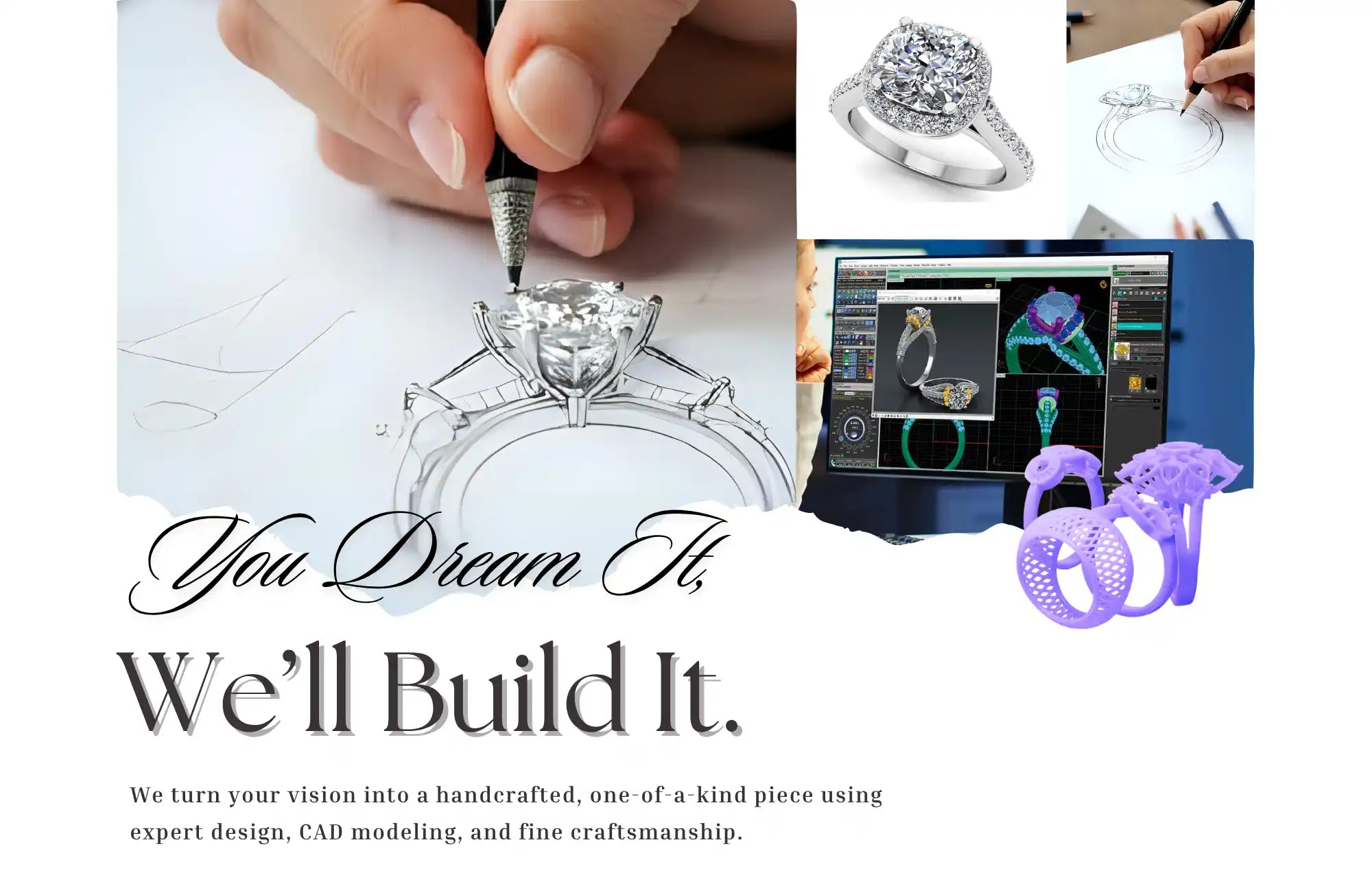 A collage showcasing the custom jewelry design process.