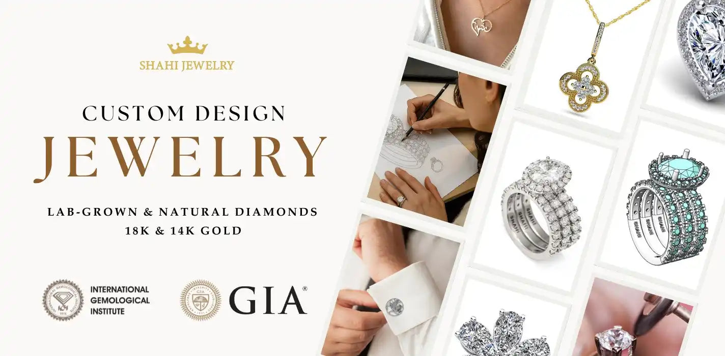 Custom-designed jewelry with lab-grown and natural diamonds in 18K and 14K gold.