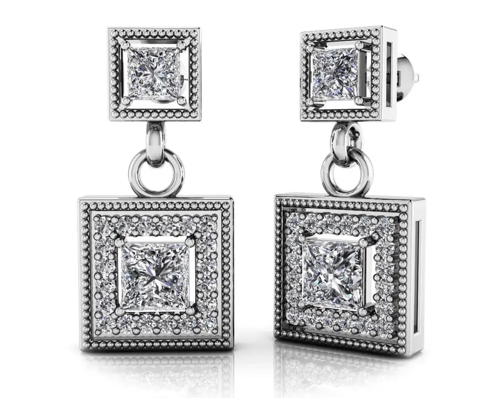 Diamond Square Drop Earrings In 14K and 18K Yellow or White