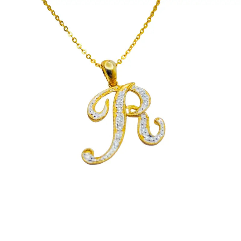 Initial Necklace Letter R 10K Yellow Gold with Dazzling