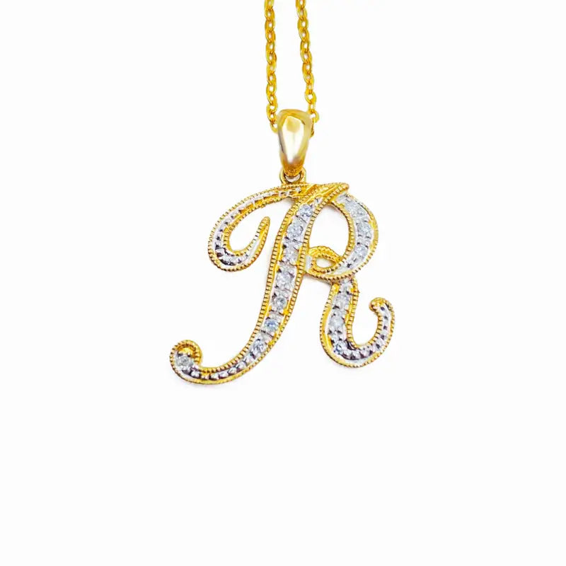 Initial Necklace Letter R 10K Yellow Gold with Dazzling