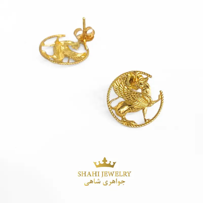 Persian Winged Lion Stud Earrings in 18k Yellow Gold