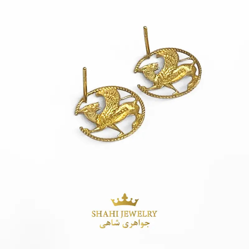 Persian Winged Lion Stud Earrings in 18k Yellow Gold