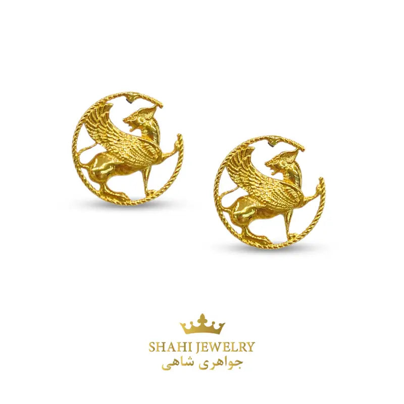 Persian Winged Lion Stud Earrings in 18k Yellow Gold