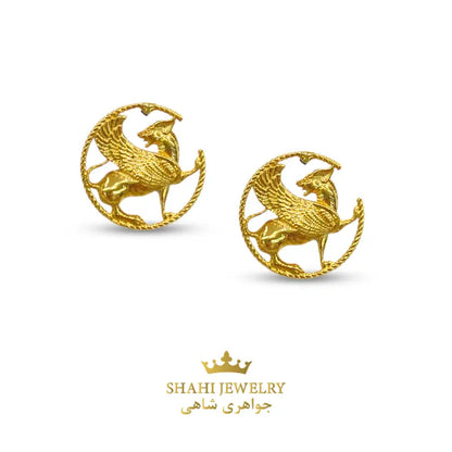 Persian Winged Lion Stud Earrings in 18k Yellow Gold