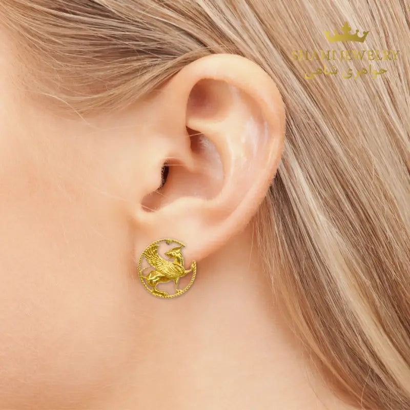 Persian Winged Lion Stud Earrings in 18k Yellow Gold