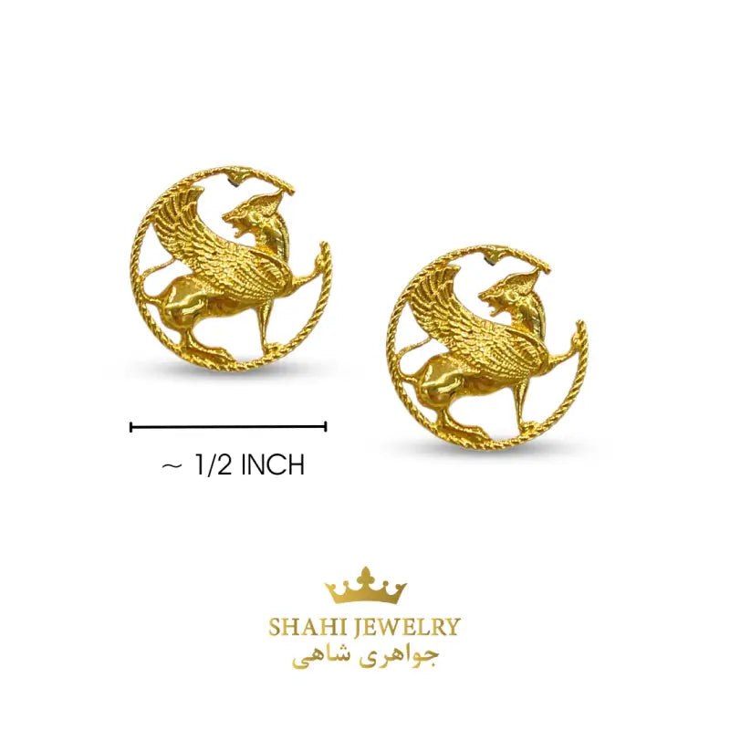 Persian Winged Lion Stud Earrings in 18k Yellow Gold