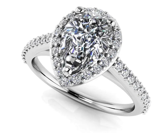 Romantic Pear Shaped With Halo Lab Grown Diamond Ring - 14K