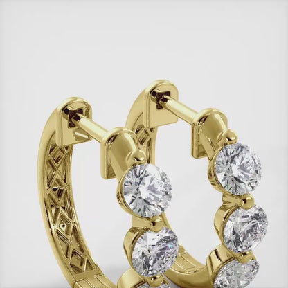 Three Stone Diamond Hoop Earrings in White, Yellow 18K or 14K Gold