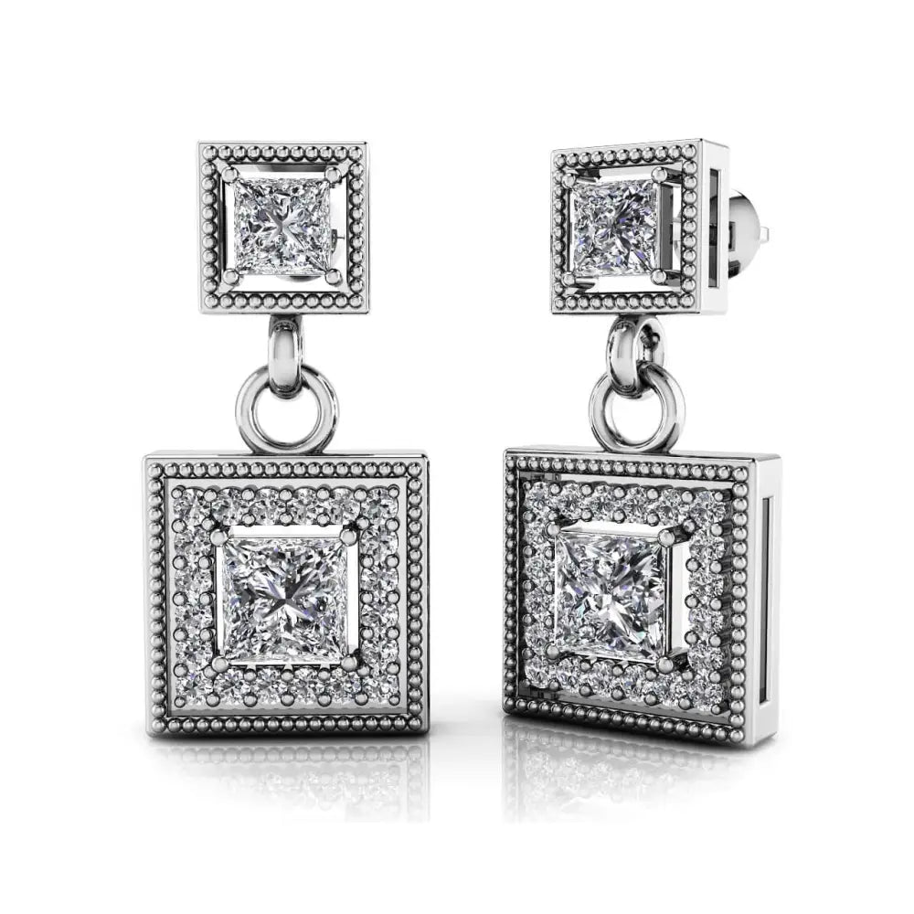 Diamond Square Drop Earrings In 14K and 18K Yellow or White
