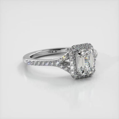 Emerald Cut Halo Diamond Engagement Ring With Split Shank in 14K or 18K Yellow or White Gold