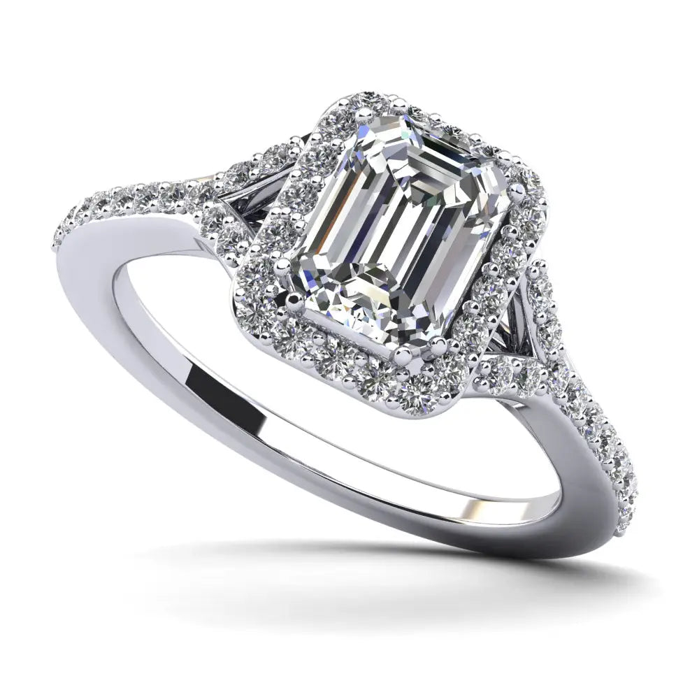 Emerald Cut Halo Diamond Engagement Ring With Split Shank -