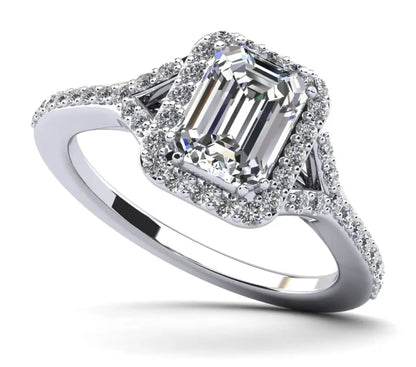 Emerald Cut Halo Diamond Engagement Ring With Split Shank -