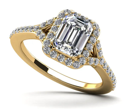 Emerald Cut Halo Diamond Engagement Ring With Split Shank -