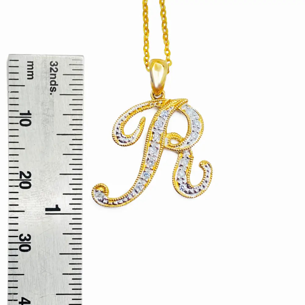 Initial Necklace Letter R 10K Yellow Gold with Dazzling